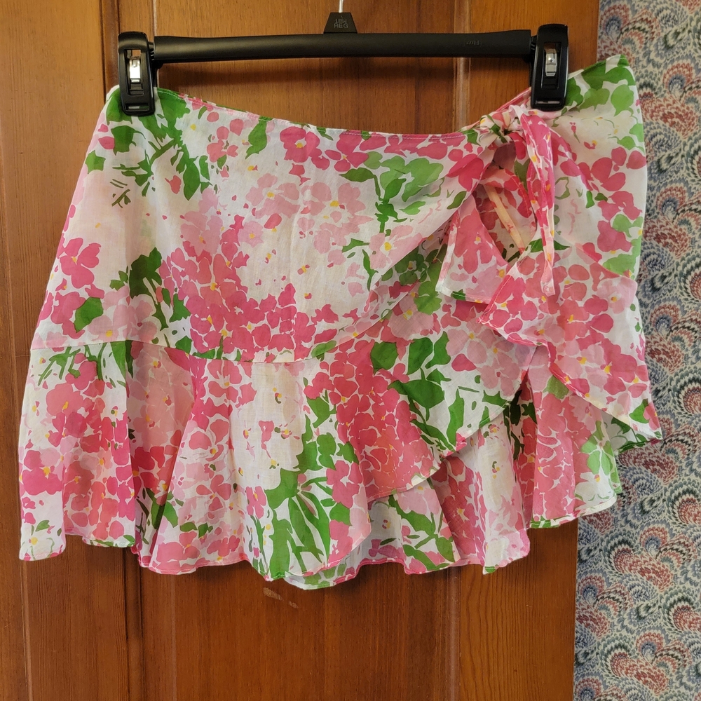 Lauren Ralph Lauren Pink Green Floral Ruffle Wrap Sarong Swim Cover Up Skirt OS